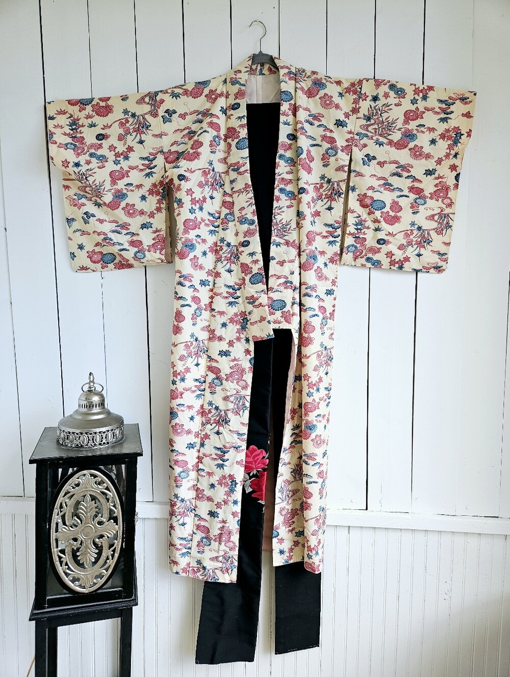 Vintage Silk Japanese Kimono + Obi Belt Floral Handmade EUC